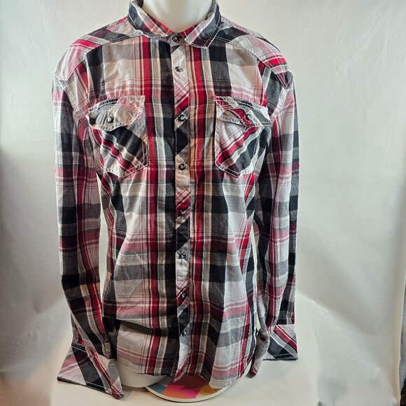 BKE Shirt Mens 2XL Red Pearl Snap Plaid Western Athletic Fit Casual Cowboy 1518 - Picture 1 of 9